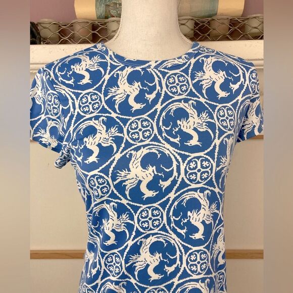 J.McLaughlin Griffon Print Blue Graphic Stretchy short Sleeved Top - Picture 2 of 8